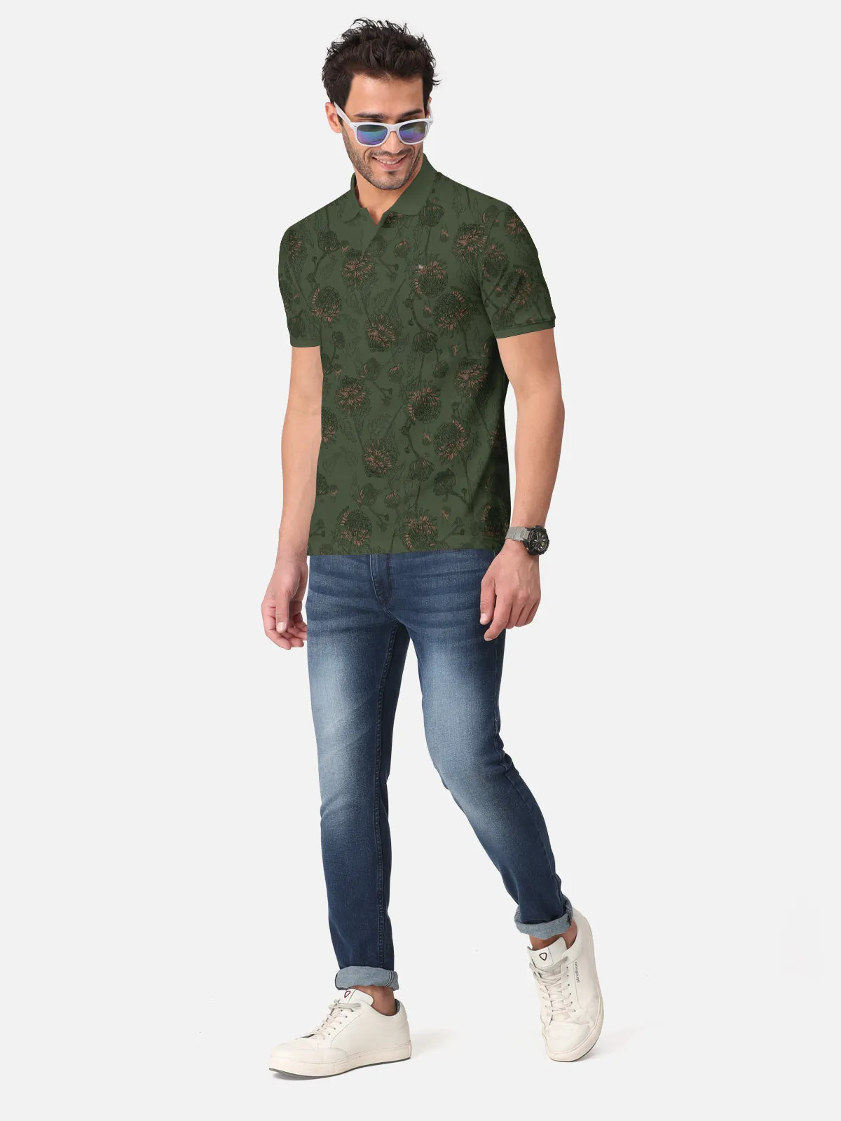 BULLMER Olive Trendy Printed Half Sleeve Polo T-shirt for Mens