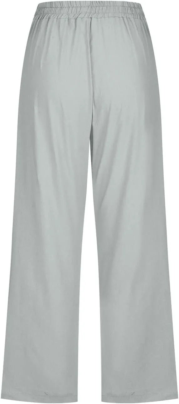 BZGTZT Capri Pants for Women,Women's Summer Linen Pants High Waisted Wide Leg Drawstring Casual Trousers with Pocket