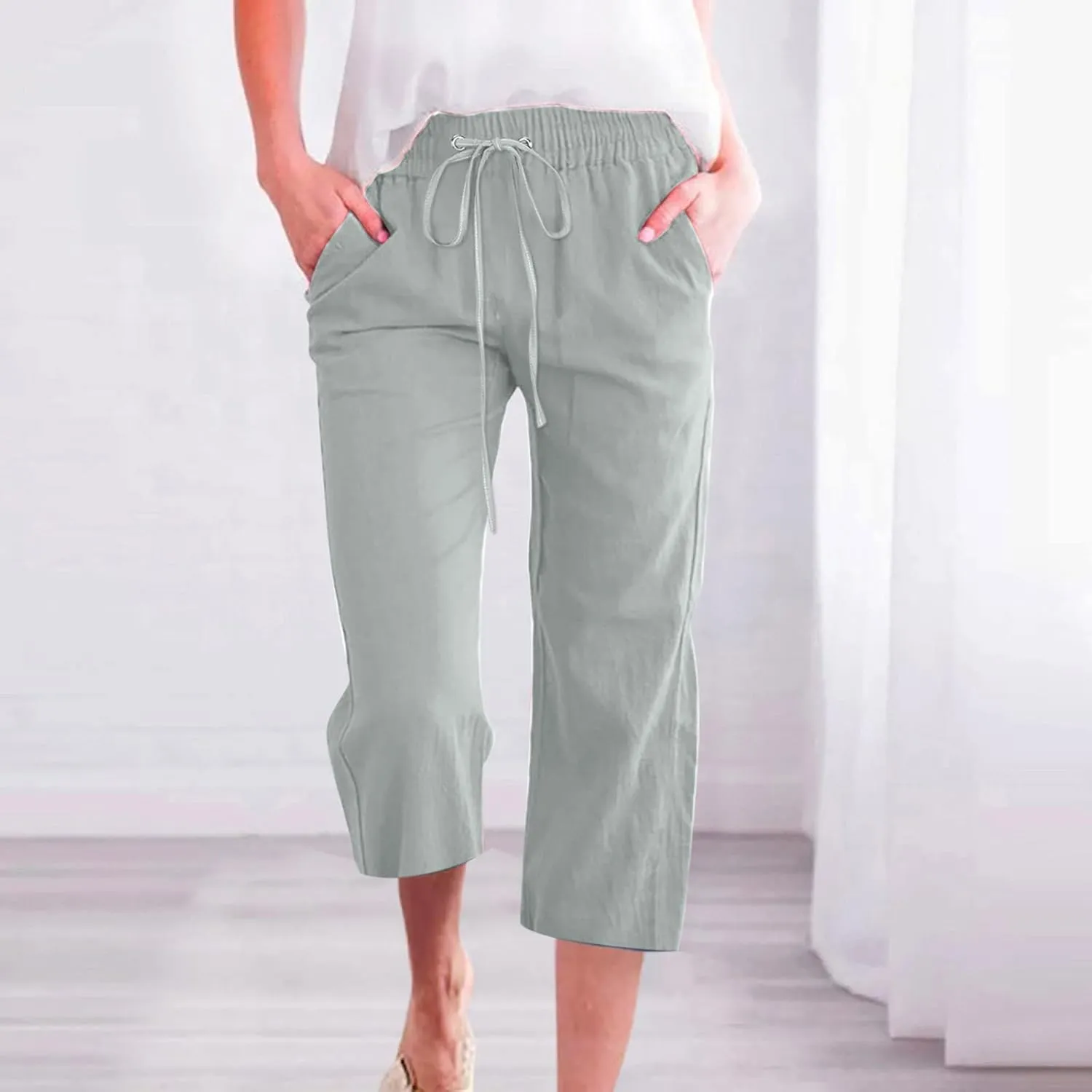 BZGTZT Capri Pants for Women,Women's Summer Linen Pants High Waisted Wide Leg Drawstring Casual Trousers with Pocket