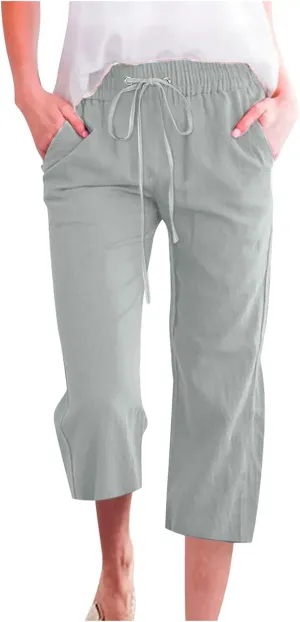 BZGTZT Capri Pants for Women,Women's Summer Linen Pants High Waisted Wide Leg Drawstring Casual Trousers with Pocket
