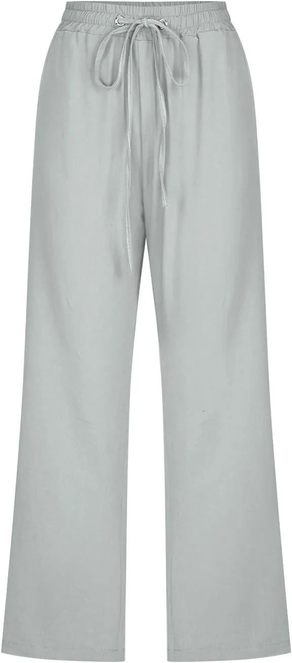 BZGTZT Capri Pants for Women,Women's Summer Linen Pants High Waisted Wide Leg Drawstring Casual Trousers with Pocket