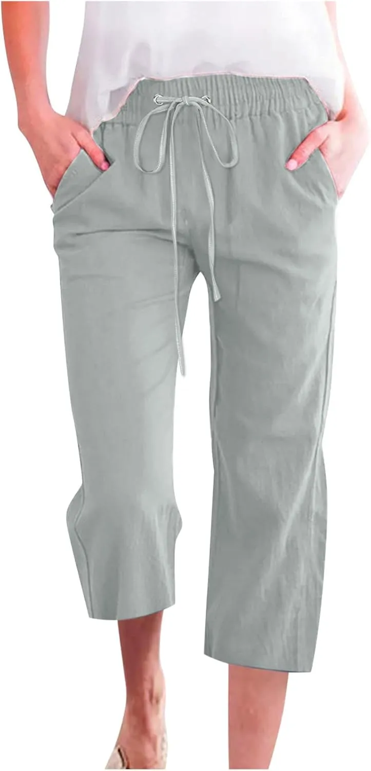 BZGTZT Capri Pants for Women,Women's Summer Linen Pants High Waisted Wide Leg Drawstring Casual Trousers with Pocket