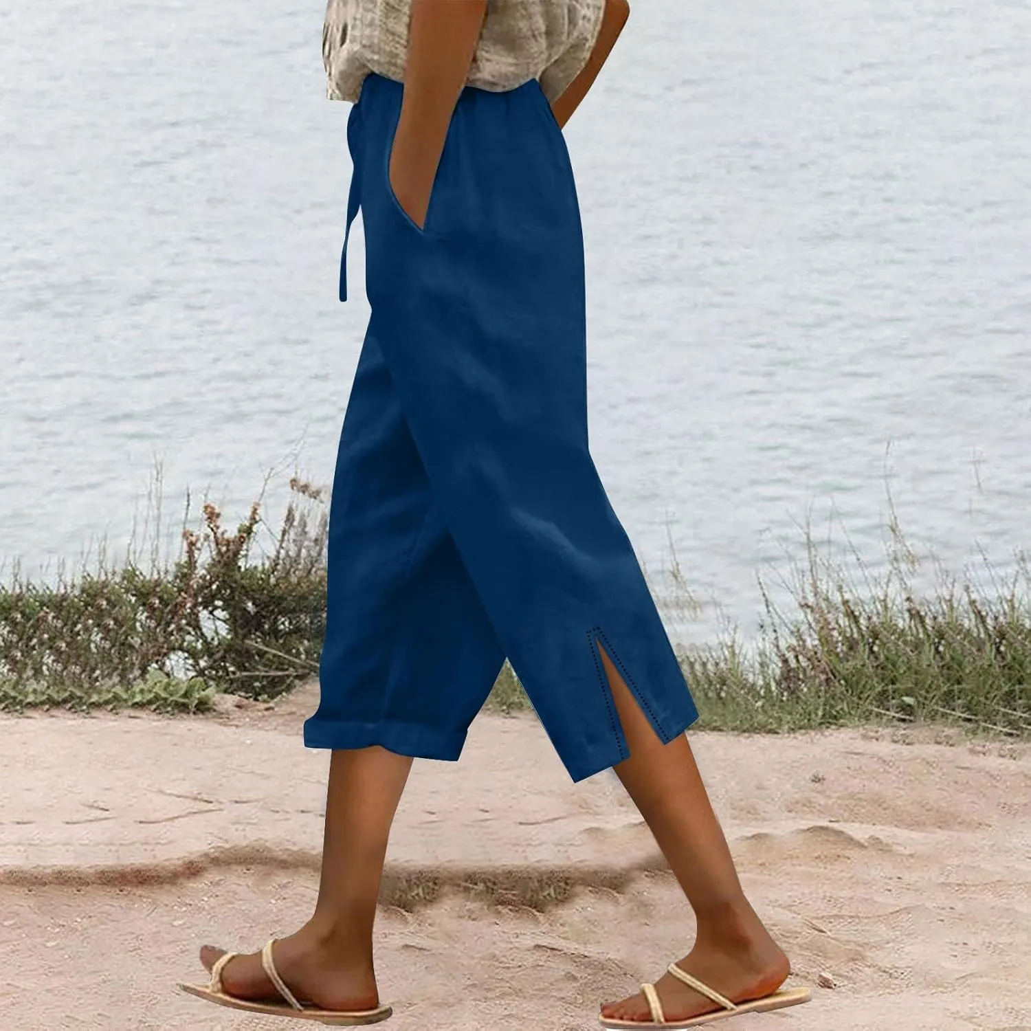Capris Linen Pants for Women 2025 Summer High Waist Elastic Straight Leg Lounge Pant Lightweight Beach Trousers