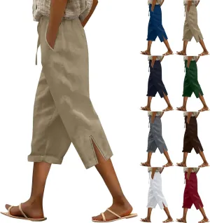 Capris Linen Pants for Women 2025 Summer High Waist Elastic Straight Leg Lounge Pant Lightweight Beach Trousers