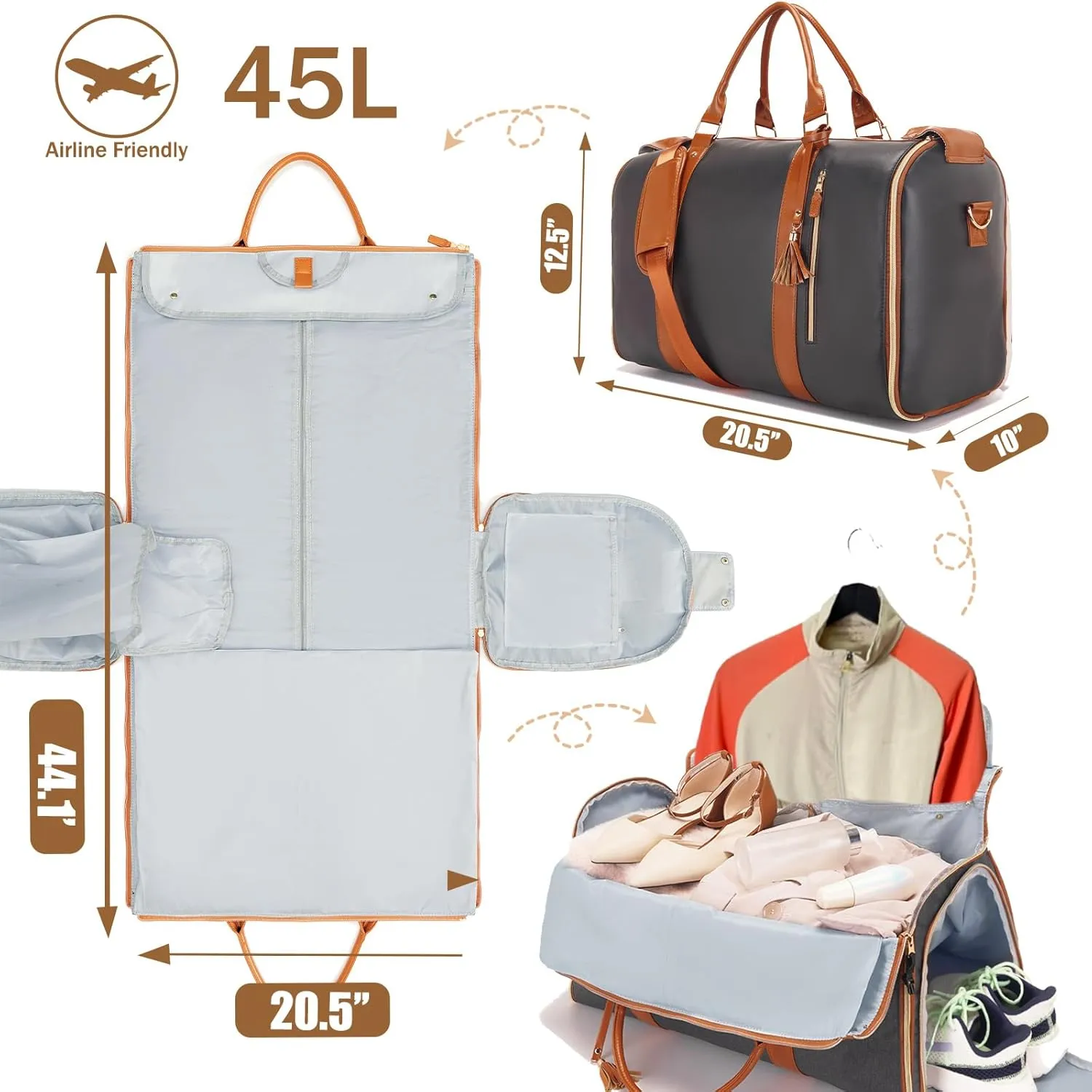 Carry on Garment Bag for Travel Convertible Garment Duffle Bags for Men Women with Shoe Compartment - 2 in 1 Hanging Travel Suitcase Suit
