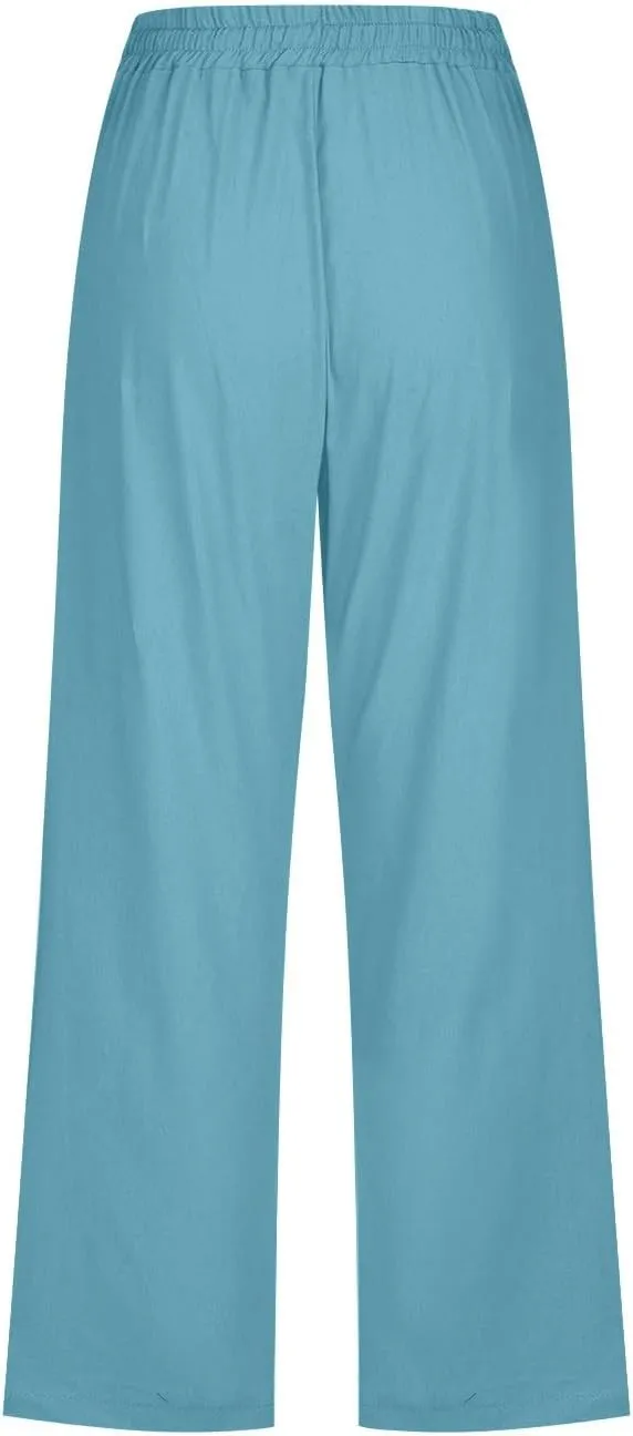 Casual Linen Pants for Women Pants Drawstring Elastic Trousers Comfy Straight Leg Long with Pockets Petite