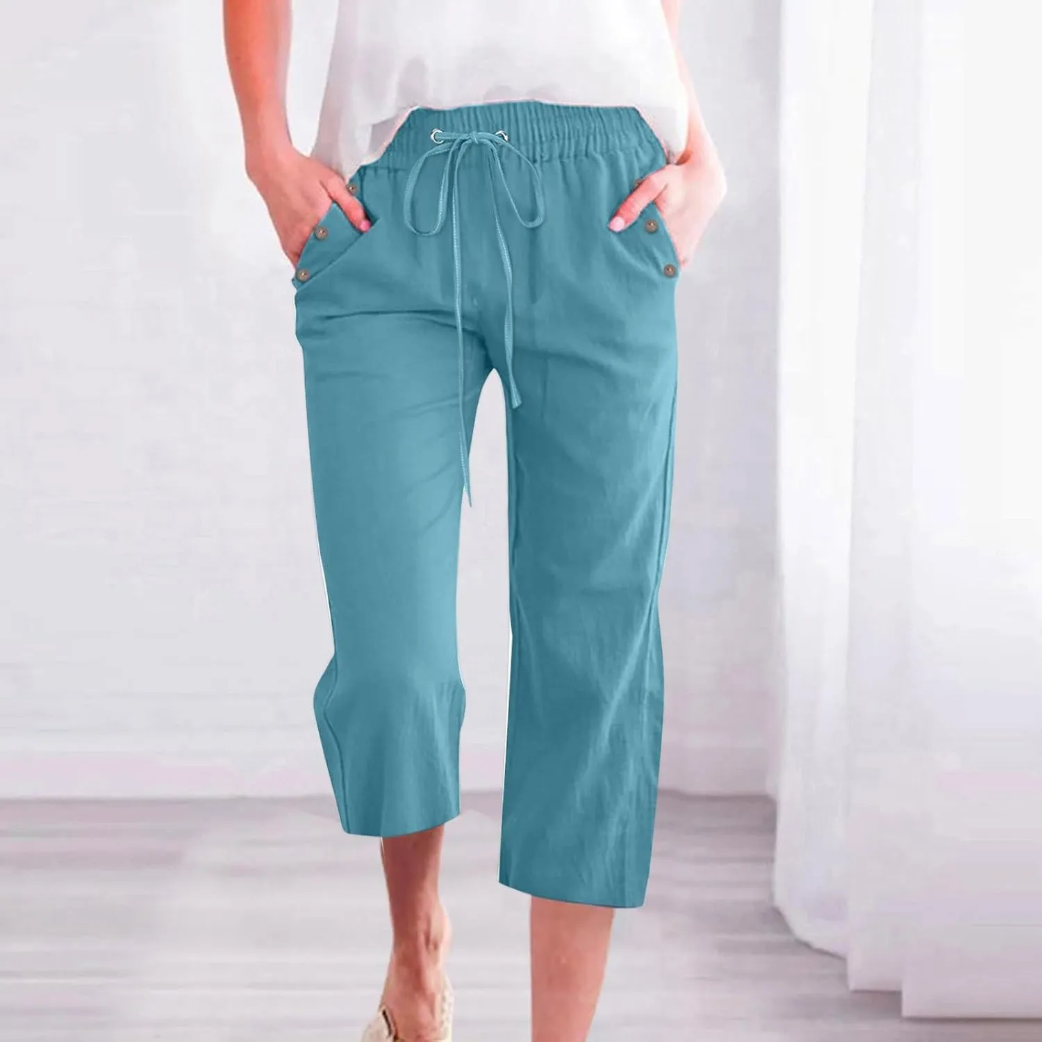Casual Linen Pants for Women Pants Drawstring Elastic Trousers Comfy Straight Leg Long with Pockets Petite