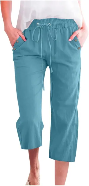 Casual Linen Pants for Women Pants Drawstring Elastic Trousers Comfy Straight Leg Long with Pockets Petite