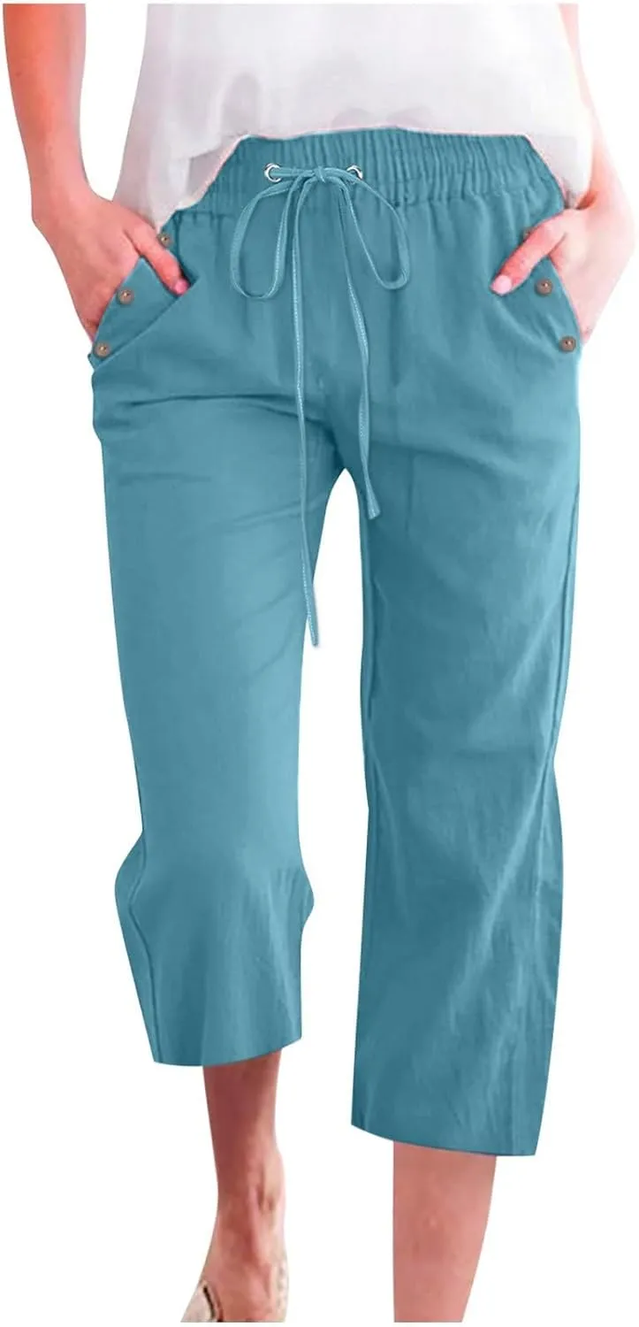 Casual Linen Pants for Women Pants Drawstring Elastic Trousers Comfy Straight Leg Long with Pockets Petite