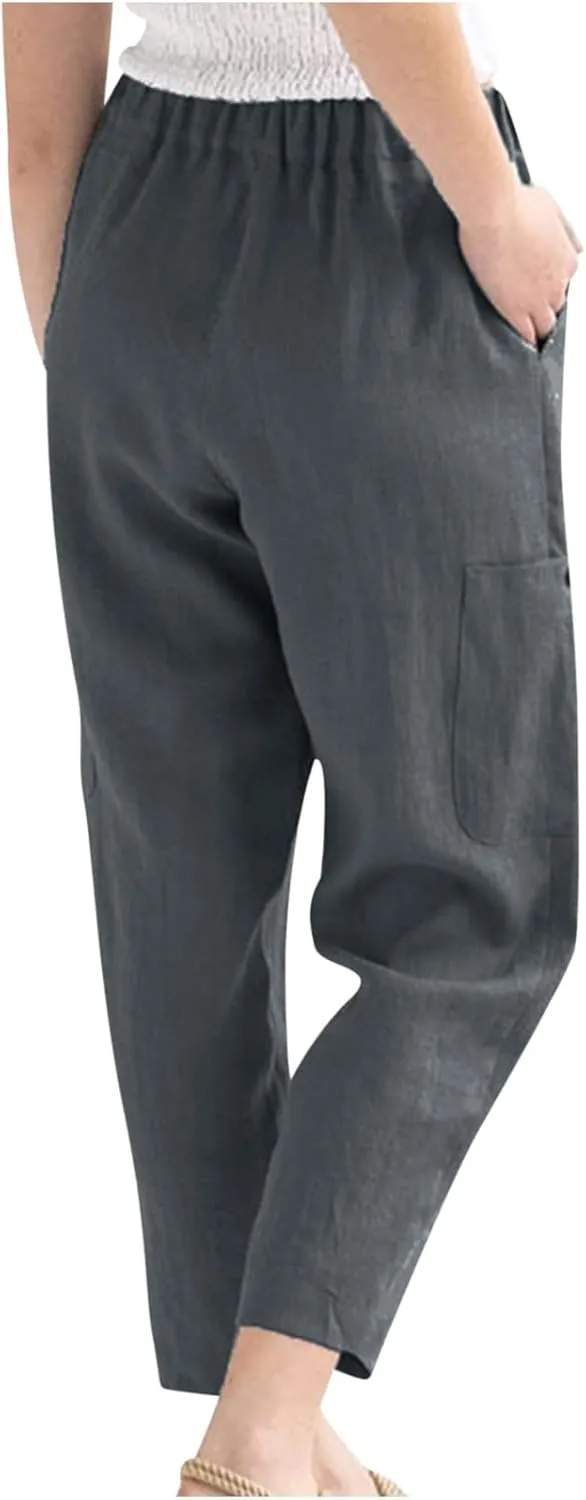 Casual Pants for Women Summer Lightweight Cotton Linen Pants Elastic High Waist Comfy Trousers with Pockets