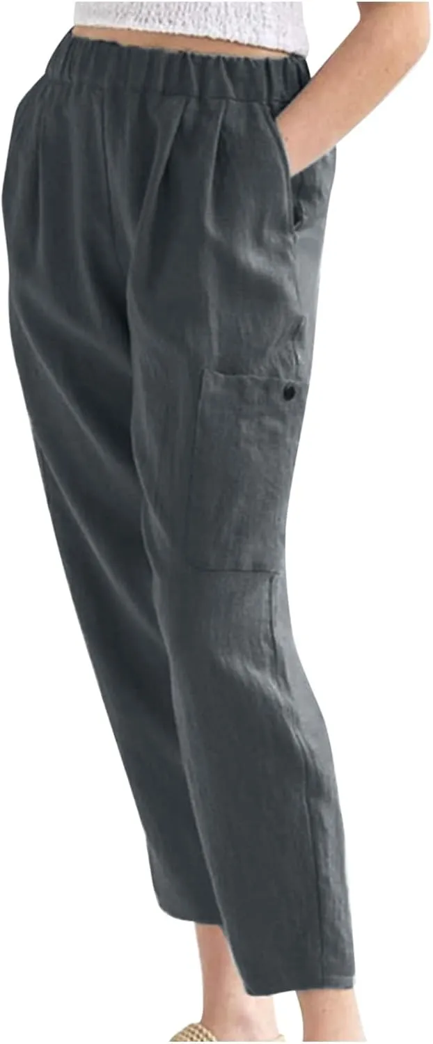 Casual Pants for Women Summer Lightweight Cotton Linen Pants Elastic High Waist Comfy Trousers with Pockets