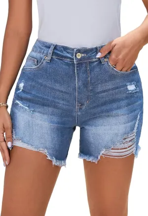 Casual Summer High Rise Denim Shorts Stretch Raw Hem Jean Shorts for Women