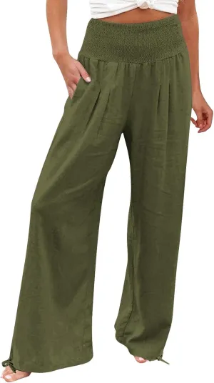 Casual Wide Leg Pants for Women High Waisted Solid Color Loose Fit Pant Baggy Elastic Waist Trousers with Pockets