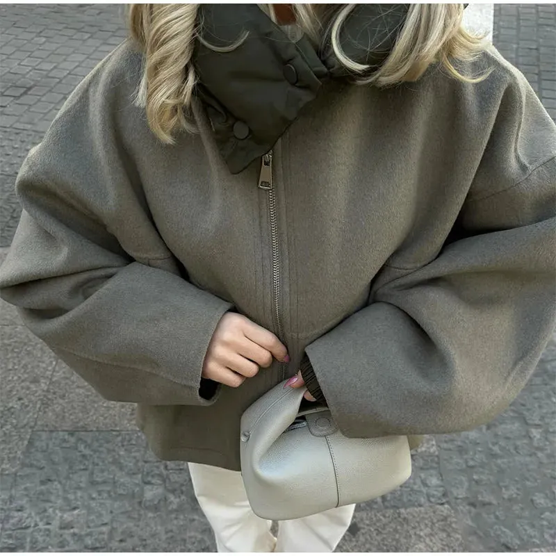Chic Solid Loose Padded Hooded Jackets Women's Fashion Drawstring Hem Zipper Full Sleeve Short Coat Lady New Casual Outwear 2024