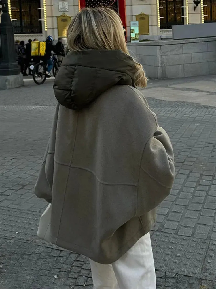 Chic Solid Loose Padded Hooded Jackets Women's Fashion Drawstring Hem Zipper Full Sleeve Short Coat Lady New Casual Outwear 2024