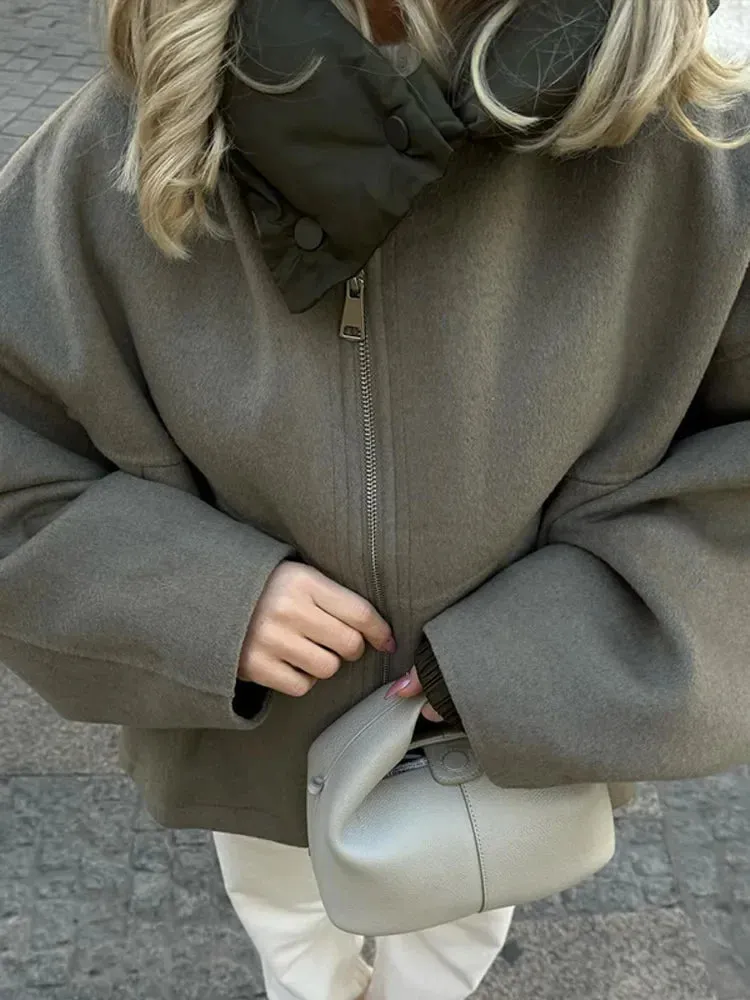 Chic Solid Loose Padded Hooded Jackets Women's Fashion Drawstring Hem Zipper Full Sleeve Short Coat Lady New Casual Outwear 2024