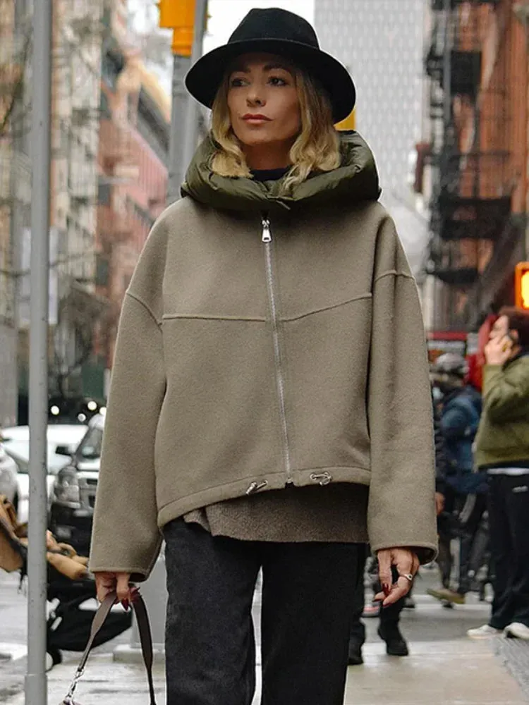 Chic Solid Loose Padded Hooded Jackets Women's Fashion Drawstring Hem Zipper Full Sleeve Short Coat Lady New Casual Outwear 2024
