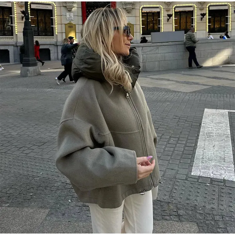 Chic Solid Loose Padded Hooded Jackets Women's Fashion Drawstring Hem Zipper Full Sleeve Short Coat Lady New Casual Outwear 2024