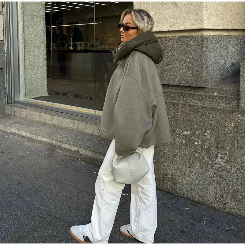 Chic Solid Loose Padded Hooded Jackets Women's Fashion Drawstring Hem Zipper Full Sleeve Short Coat Lady New Casual Outwear 2024
