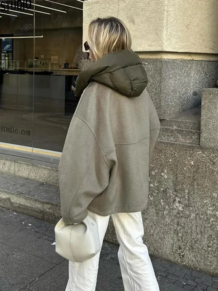 Chic Solid Loose Padded Hooded Jackets Women's Fashion Drawstring Hem Zipper Full Sleeve Short Coat Lady New Casual Outwear 2024