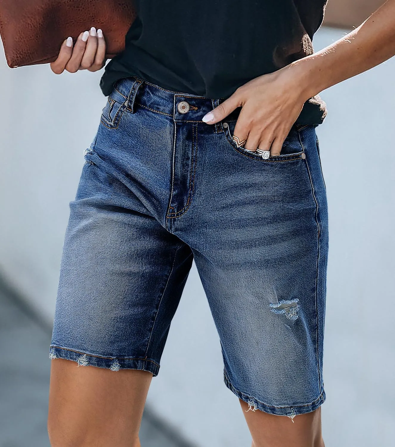 CHICZONE Womens Bermuda Jean Shorts Stretchy Mid Waisted Denim Shorts with Pockets