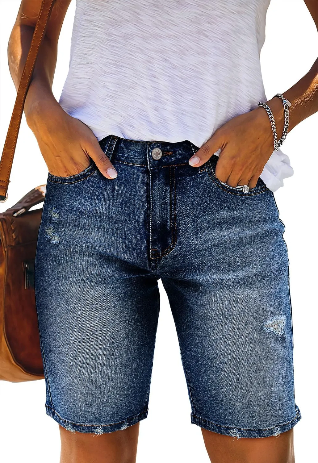 CHICZONE Womens Bermuda Jean Shorts Stretchy Mid Waisted Denim Shorts with Pockets