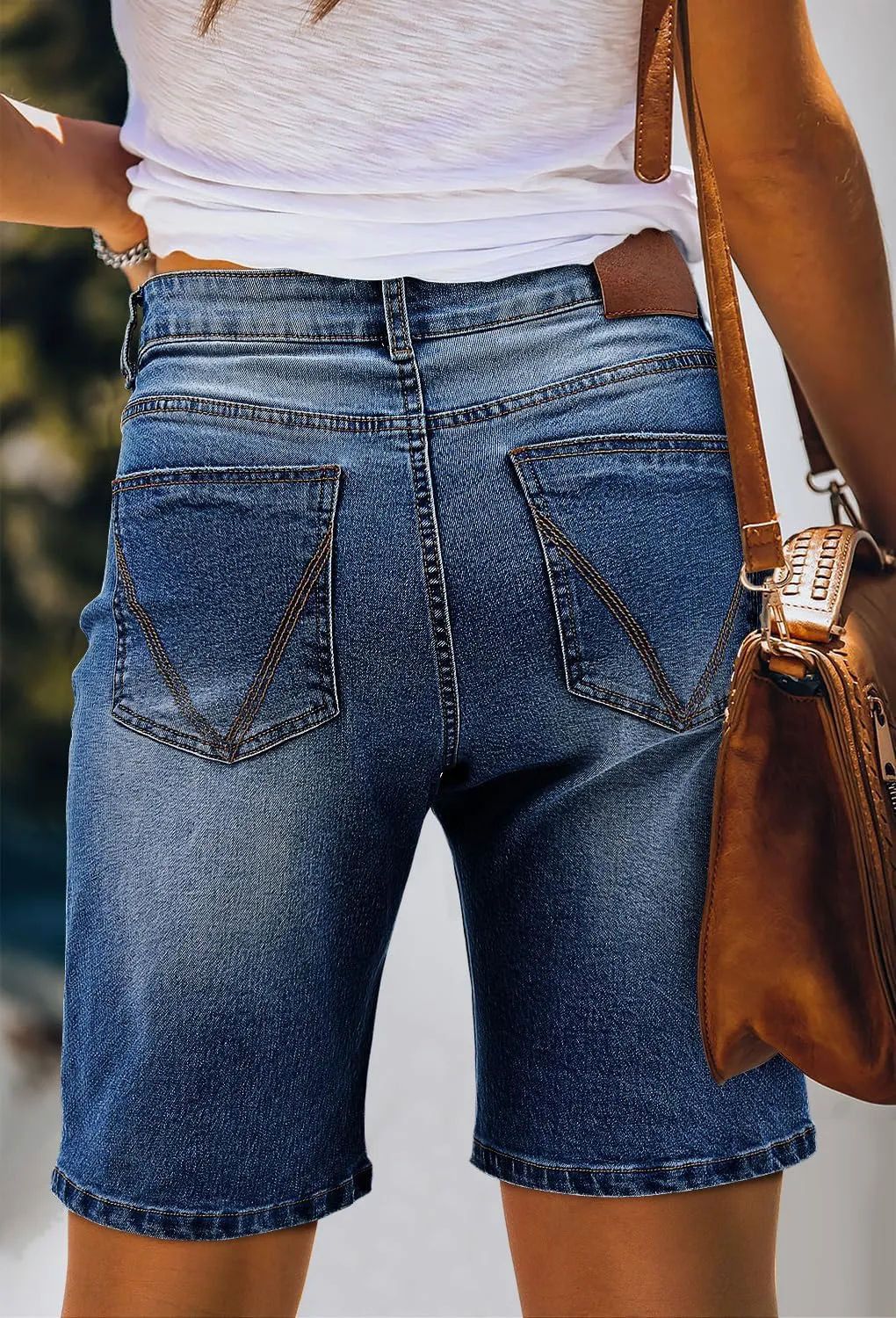 CHICZONE Womens Bermuda Jean Shorts Stretchy Mid Waisted Denim Shorts with Pockets