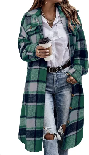 CHICZONE Womens Plaid Shacket Jacket Long Corduroy Shirt Casual Lapel Button Down Flannel Trench Coats