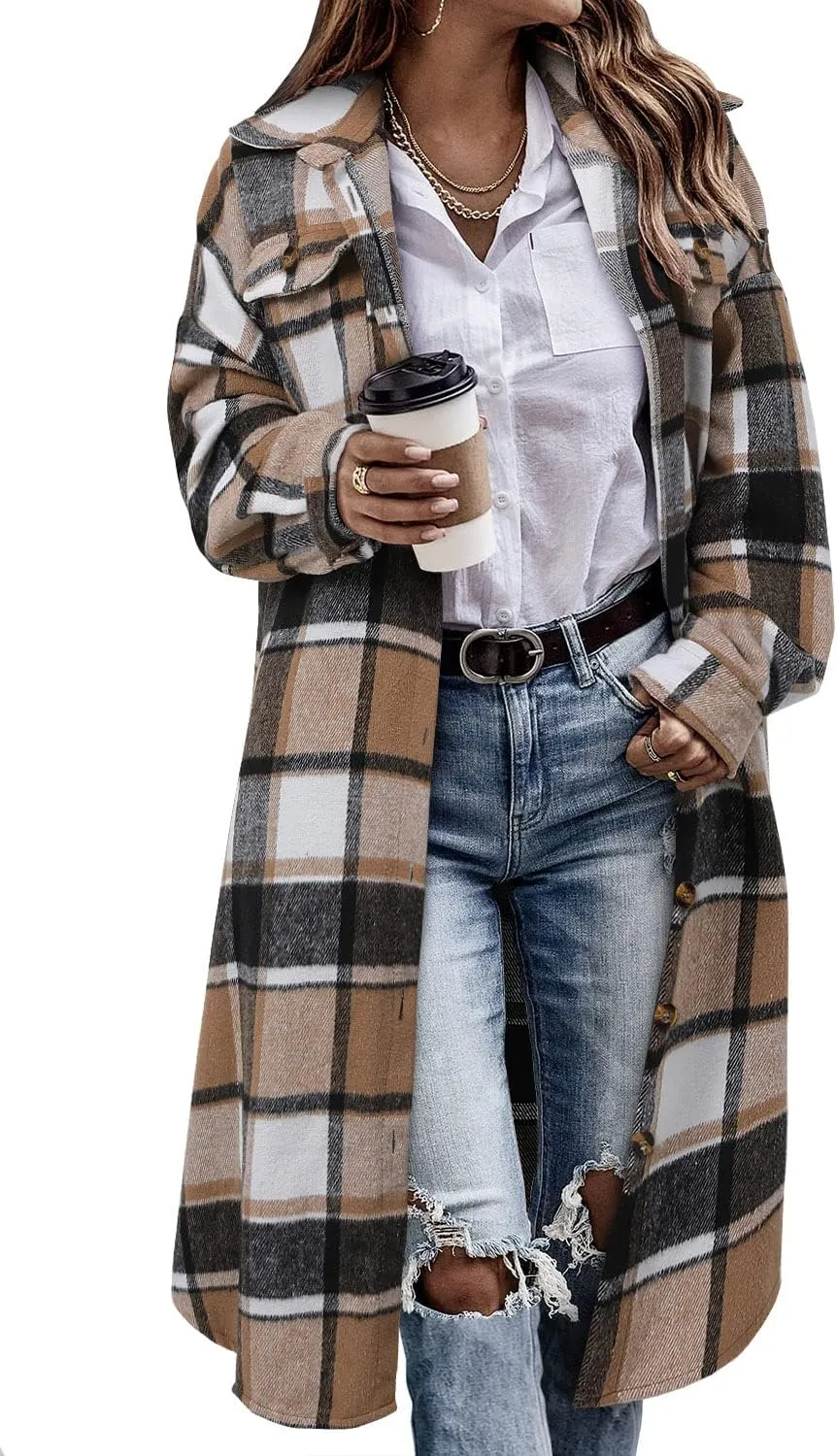 CHICZONE Womens Plaid Shacket Jacket Long Corduroy Shirt Casual Lapel Button Down Flannel Trench Coats