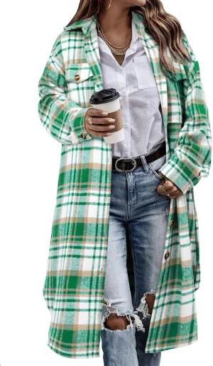CHICZONE Womens Plaid Shacket Jacket Long Corduroy Shirt Casual Lapel Button Down Flannel Trench Coats