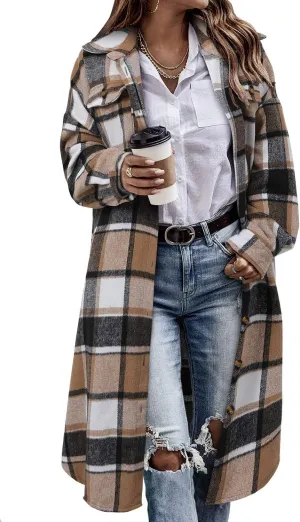 CHICZONE Womens Plaid Shacket Jacket Long Corduroy Shirt Casual Lapel Button Down Flannel Trench Coats