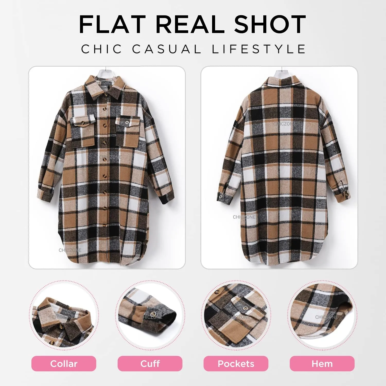 CHICZONE Womens Plaid Shacket Jacket Long Corduroy Shirt Casual Lapel Button Down Flannel Trench Coats