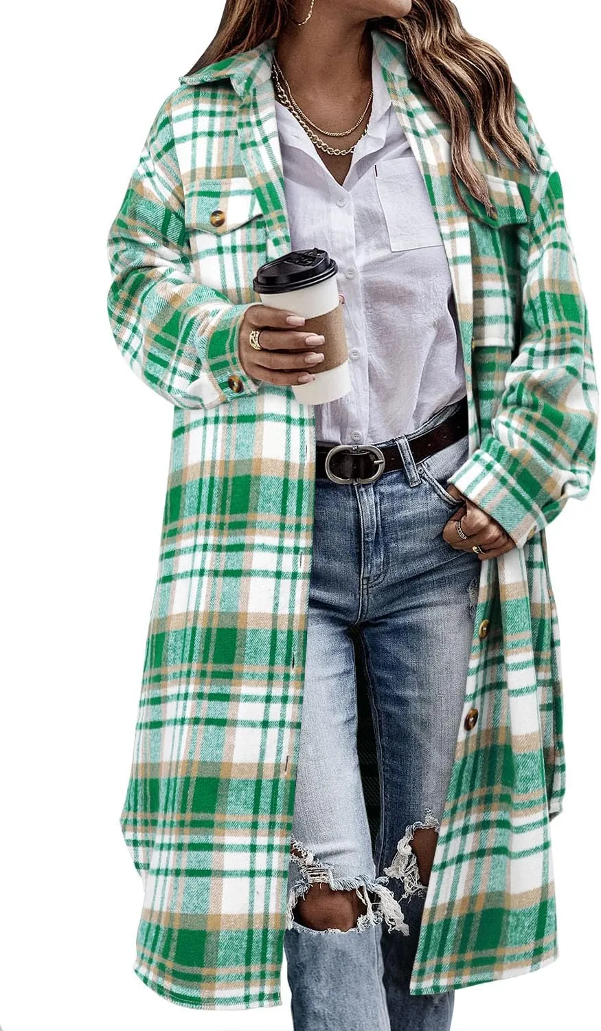 CHICZONE Womens Plaid Shacket Jacket Long Corduroy Shirt Casual Lapel Button Down Flannel Trench Coats