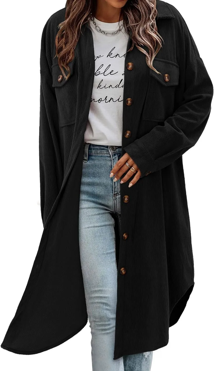 CHICZONE Womens Plaid Shacket Jacket Long Corduroy Shirt Casual Lapel Button Down Flannel Trench Coats