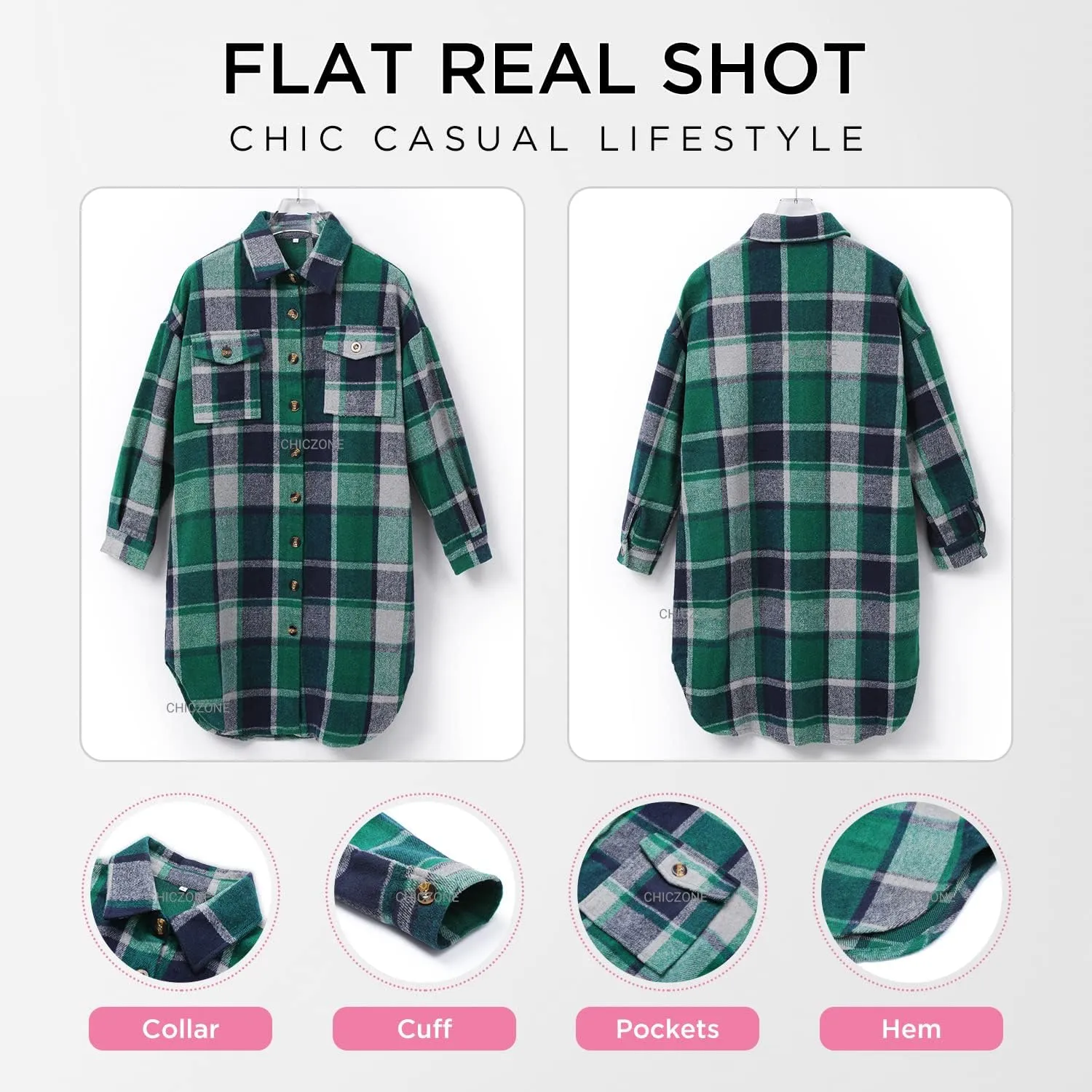 CHICZONE Womens Plaid Shacket Jacket Long Corduroy Shirt Casual Lapel Button Down Flannel Trench Coats