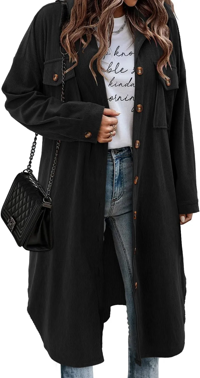 CHICZONE Womens Plaid Shacket Jacket Long Corduroy Shirt Casual Lapel Button Down Flannel Trench Coats
