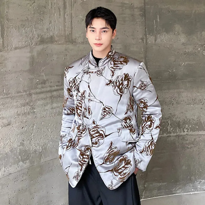 Chinese Style Men's Padded Jackets Printing Contrast Color Stand Collar Knot Button Casual Male Cotton Coats Winter 9C8956