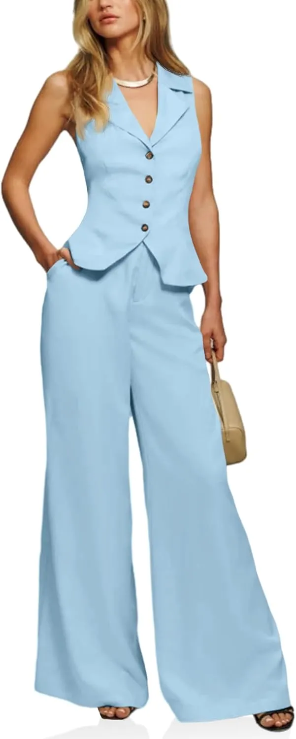 Cicy Bell Womens Vest Sets Summer 2 Piece Outfits Button Crop Blazer Vest and Wide Leg Pant Suits
