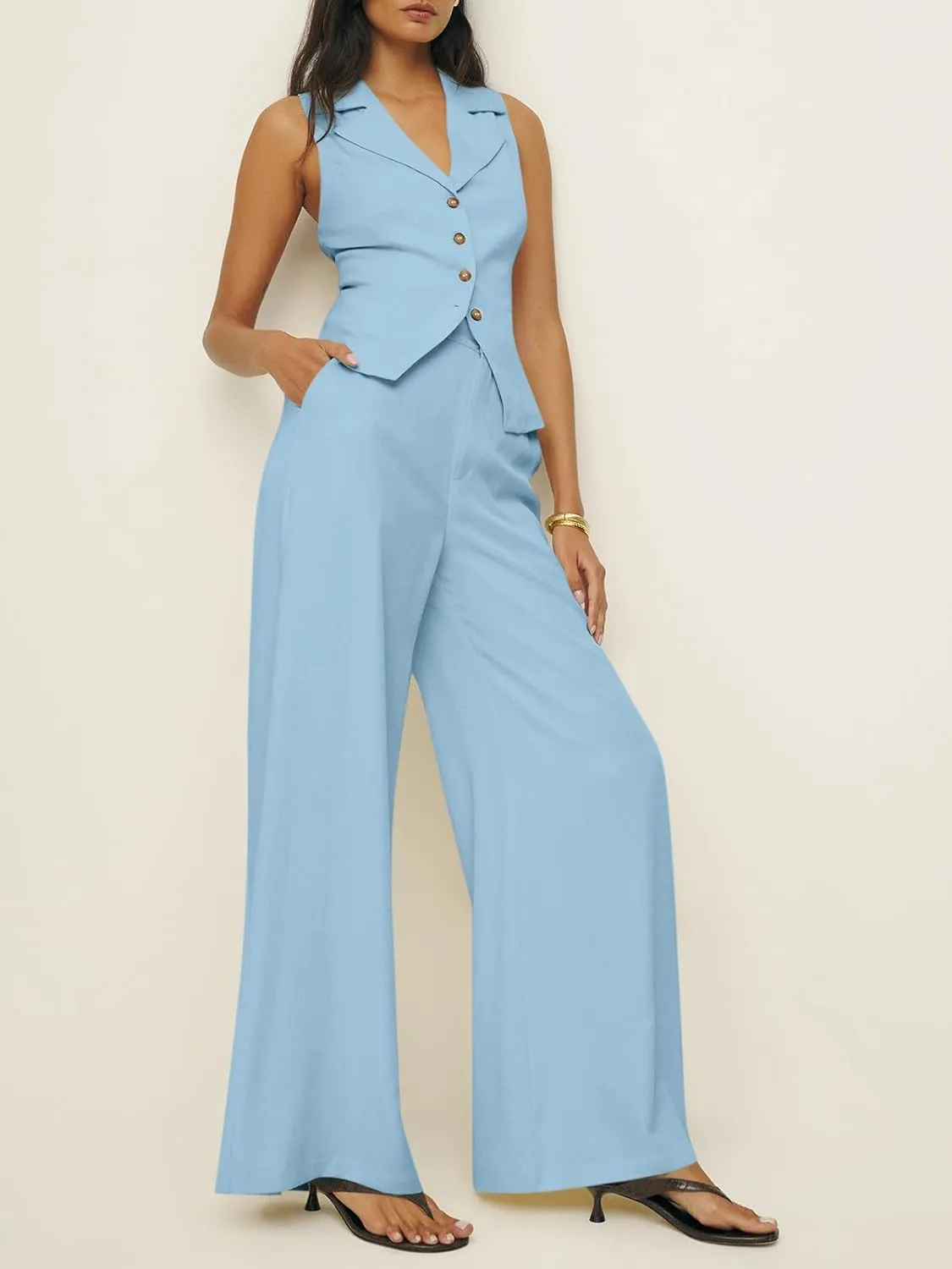 Cicy Bell Womens Vest Sets Summer 2 Piece Outfits Button Crop Blazer Vest and Wide Leg Pant Suits