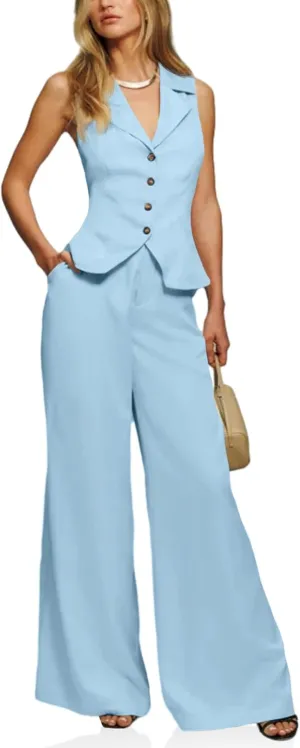 Cicy Bell Womens Vest Sets Summer 2 Piece Outfits Button Crop Blazer Vest and Wide Leg Pant Suits