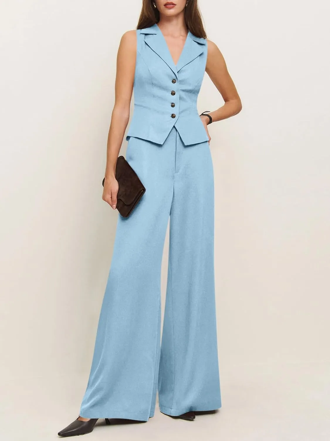 Cicy Bell Womens Vest Sets Summer 2 Piece Outfits Button Crop Blazer Vest and Wide Leg Pant Suits
