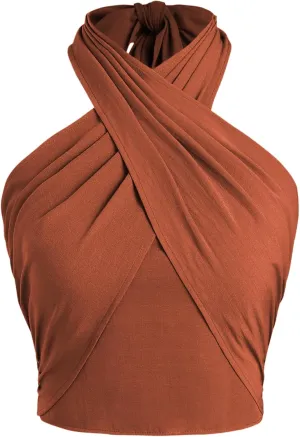 CIDER Cross Halter Shirred Back Crop Top