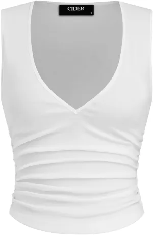 CIDER Tank Tops for Women V Neck Ruched Sleeveless Top Basic Going Out Cotton Blend Slim Fit Top