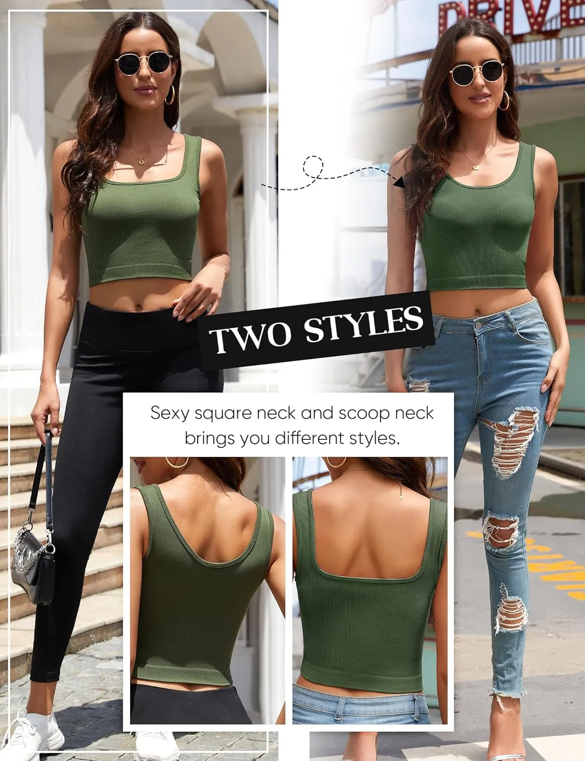 CINGUE Crop Tops for Women Workout Cropped Tank Top Seamless Ribbed Square Neck Crop Top Yoga Exercise Shirts 3 Pack
