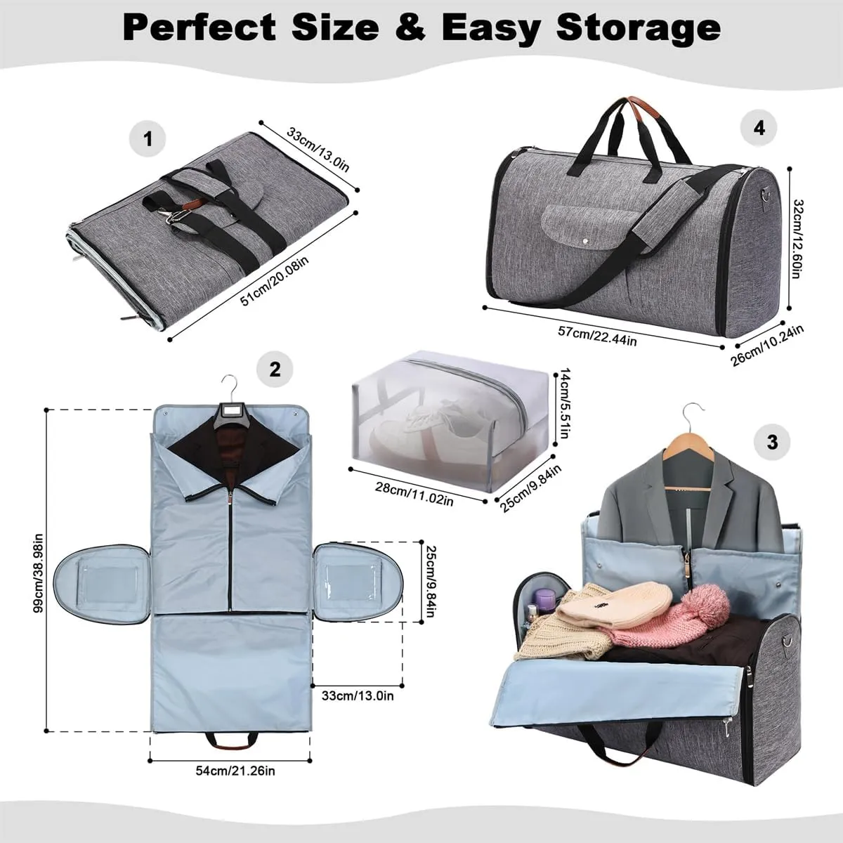 Convertible Travel Garment Bag, Carry on Garment Duffel Bag, 2 In 1 Hanging Suitcase Suit Business Travel Bag Weekend Bag (Grey)