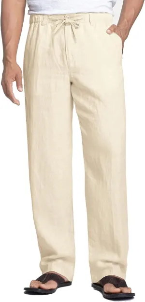 COOFANDY Men's Casual Linen Pants Elastic Waist Drawstring Beach Summer Pants Lightweight Linen Trousers