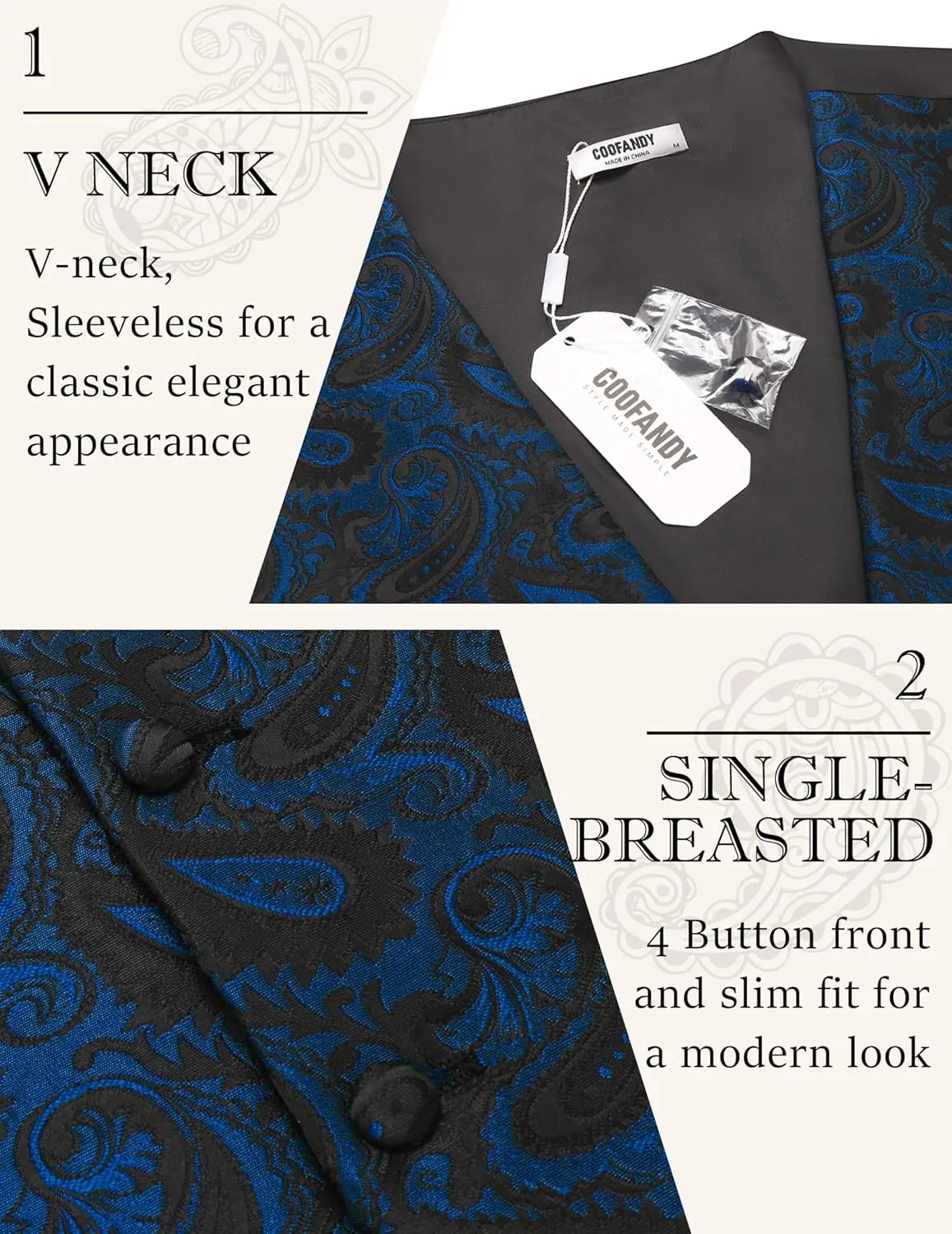 COOFANDY Men's Christmas Vest Tie Set 3PC Paisley Jacquard Waistcoat and Necktie Pocket Square for Holiday Party Wedding