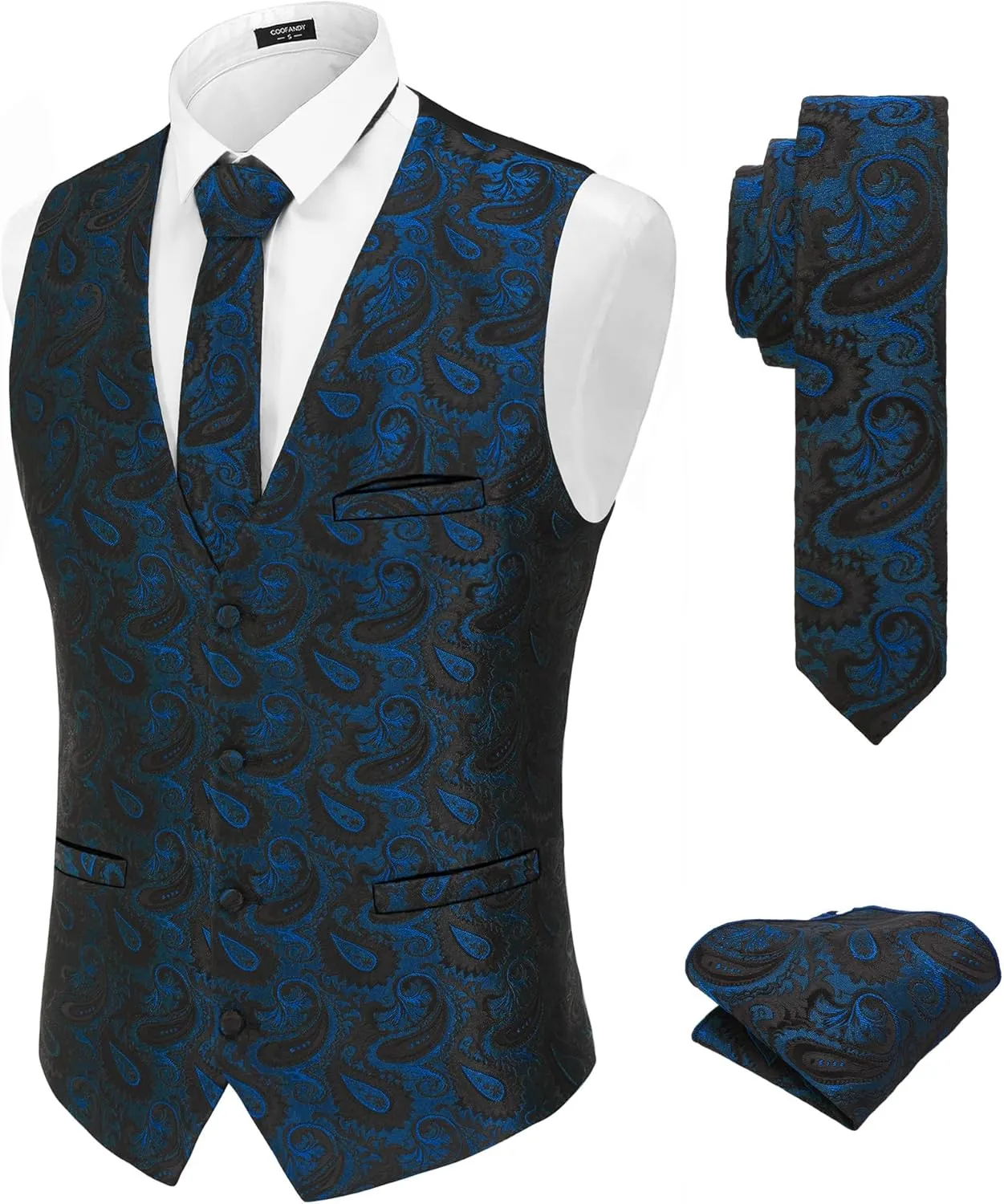 COOFANDY Men's Christmas Vest Tie Set 3PC Paisley Jacquard Waistcoat and Necktie Pocket Square for Holiday Party Wedding