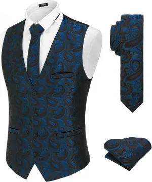 COOFANDY Men's Christmas Vest Tie Set 3PC Paisley Jacquard Waistcoat and Necktie Pocket Square for Holiday Party Wedding