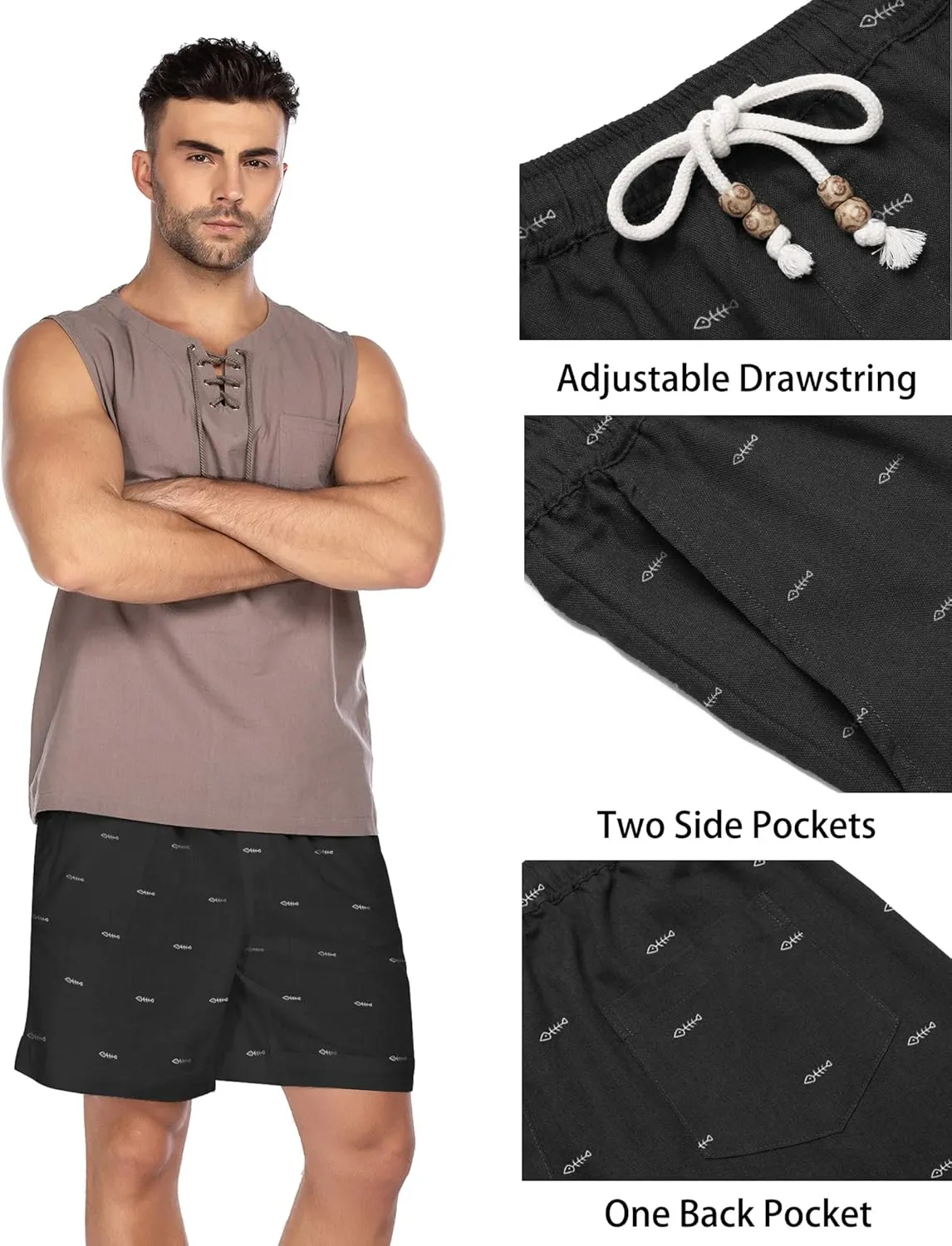 COOFANDY Men's Linen Shorts Casual Elastic Waist Drawstring Summer Beach Shorts